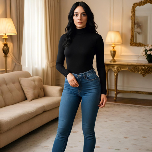 Mujer con body manga larga mujer elegante en color negro combinando con jeans en sala con decoración clásica